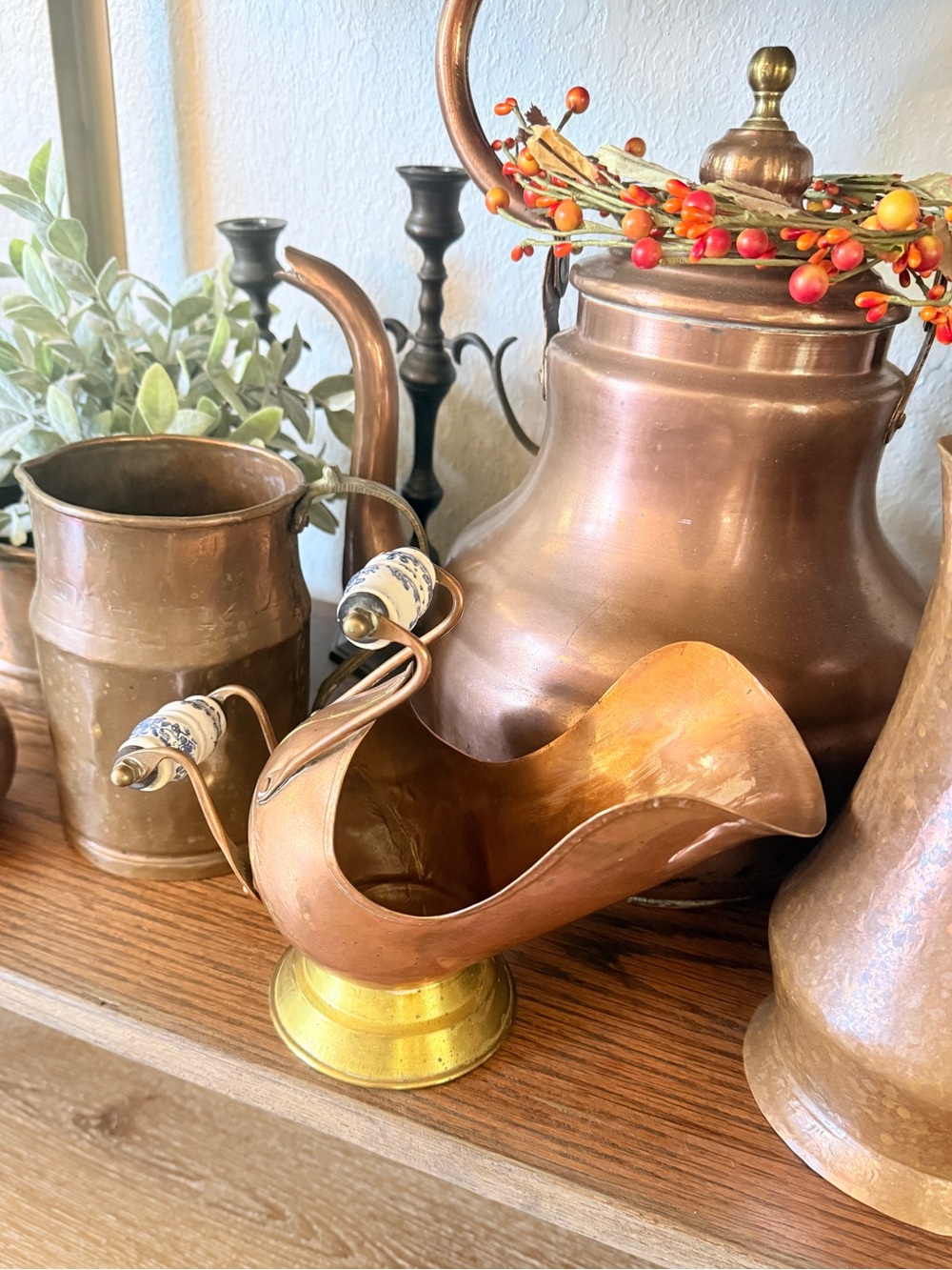 Vintage Delft Coal Scuttle with Brass Base - Copper